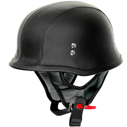 Outlaw Helmets T99 Black Leather German Style Motorcycle Half Helmet for Men & Women DOT Approved - Adult Unisex Skull Cap for Bike Scooter ATV UTV Chopper Skateboard