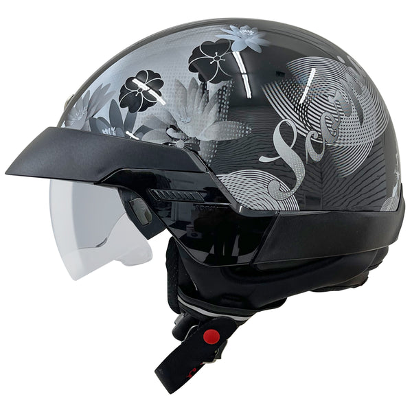 Outlaw Helmets EXO Glossy Black & White Motorcycle Half Helmet for Men & Women with Drop Down Sun Visor DOT Approved - Adult Unisex Skull Cap for Bike Scooter ATV UTV Chopper Skateboard