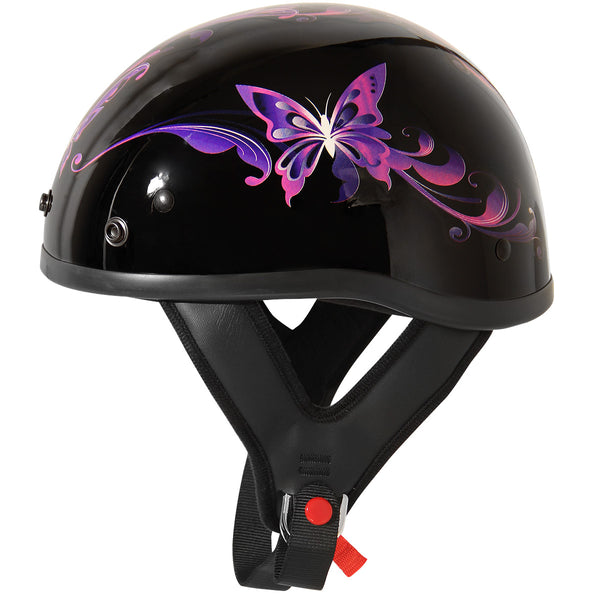 Outlaw Helmets T70 Glossy Black Purple Butterfly Motorcycle Half Helmet for Men & Women with Sun Visor DOT Approved - Adult Unisex Skull Cap for Bike Scooter ATV UTV Chopper