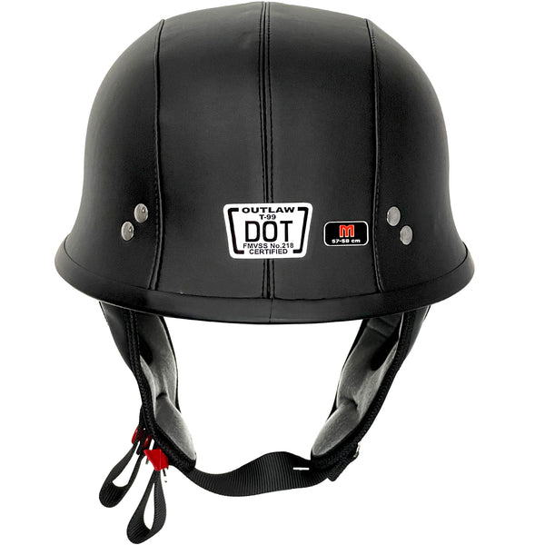 Outlaw Helmets T99 Black Leather German Style Motorcycle Half Helmet for Men & Women DOT Approved - Adult Unisex Skull Cap for Bike Scooter ATV UTV Chopper Skateboard