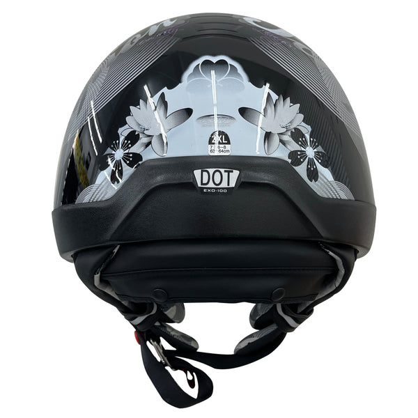 Outlaw Helmets EXO Glossy Black & White Motorcycle Half Helmet for Men & Women with Drop Down Sun Visor DOT Approved - Adult Unisex Skull Cap for Bike Scooter ATV UTV Chopper Skateboard