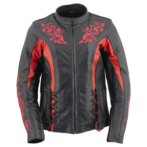 Xelement XS2029 Women's 'Gemma' Black and Red Leather Embroidered Jacket with X-Armor