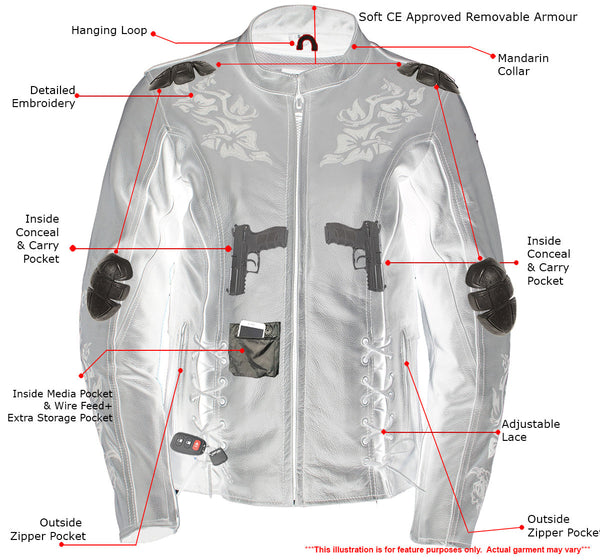 Xelement XS2030 Women's 'Gemma' Solid Black Leather Embroidered Jacket with X-Armor Protection