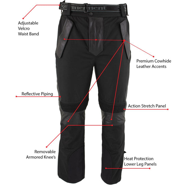 Xelement CF2131 Men’s ‘Road Racer’ Black Tri-Tex and Leather Motorcycle Racing Pants with X-Armor Protection