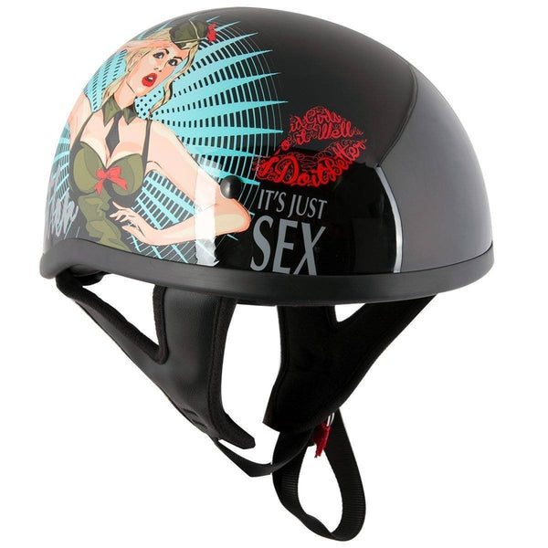 Outlaw Helmets HT1 Hustler Glossy Black Its Just Sex Motorcycle Half Helmet for Men & Women DOT Approved - Adult Unisex Skull Cap for Bike Scooter ATV UTV Chopper Skateboard