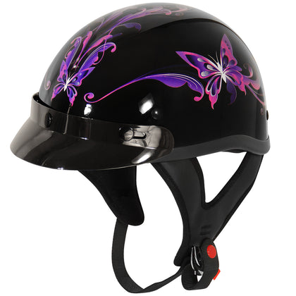 Outlaw Helmets T70 Glossy Black Purple Butterfly Motorcycle Half Helmet for Men & Women with Sun Visor DOT Approved - Adult Unisex Skull Cap for Bike Scooter ATV UTV Chopper