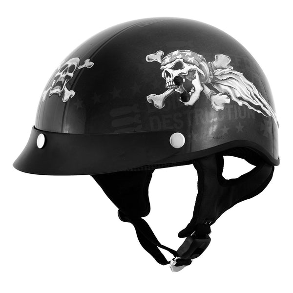 Outlaw Helmets T70 Black Freedom Skull Motorcycle Half Helmet for Men & Women with Sun Visor DOT Approved - Adult Unisex Skull Cap for Bike Scooter ATV UTV Chopper Skateboard